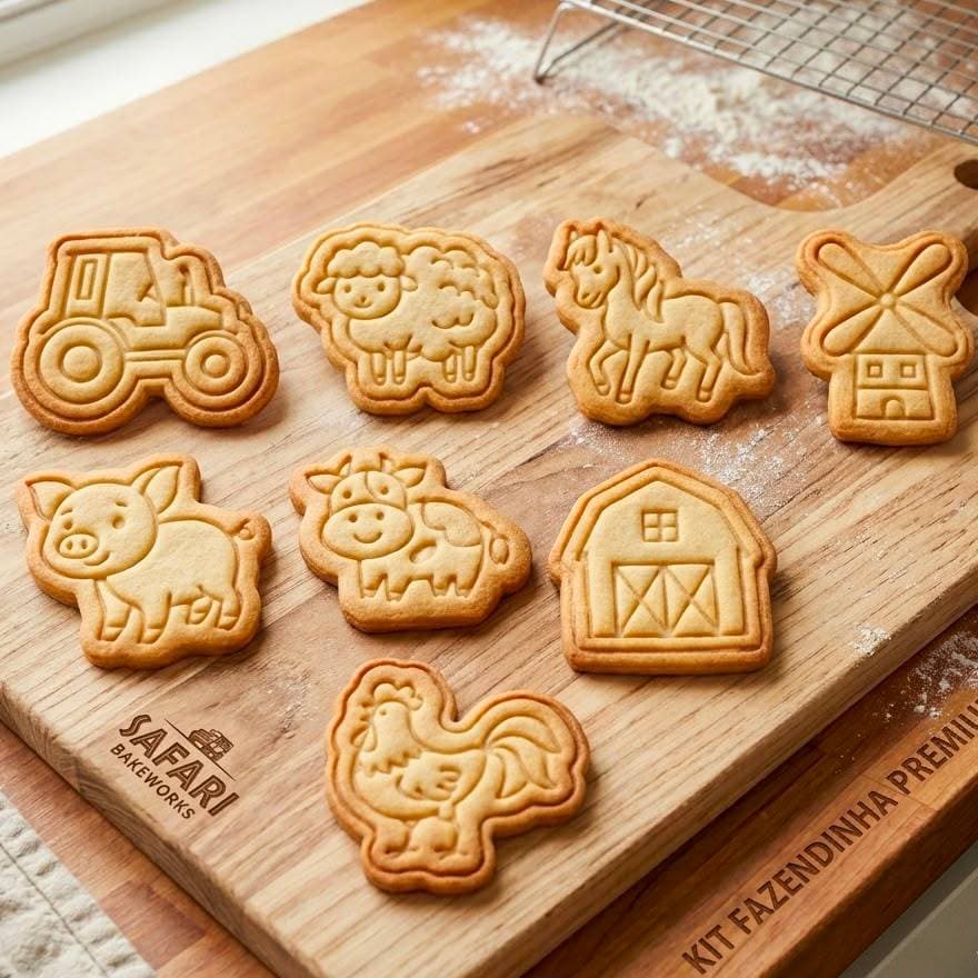 Kit 8 Cortadores De Biscoito Fazendinha Molde Carimbo Culinária Infantil