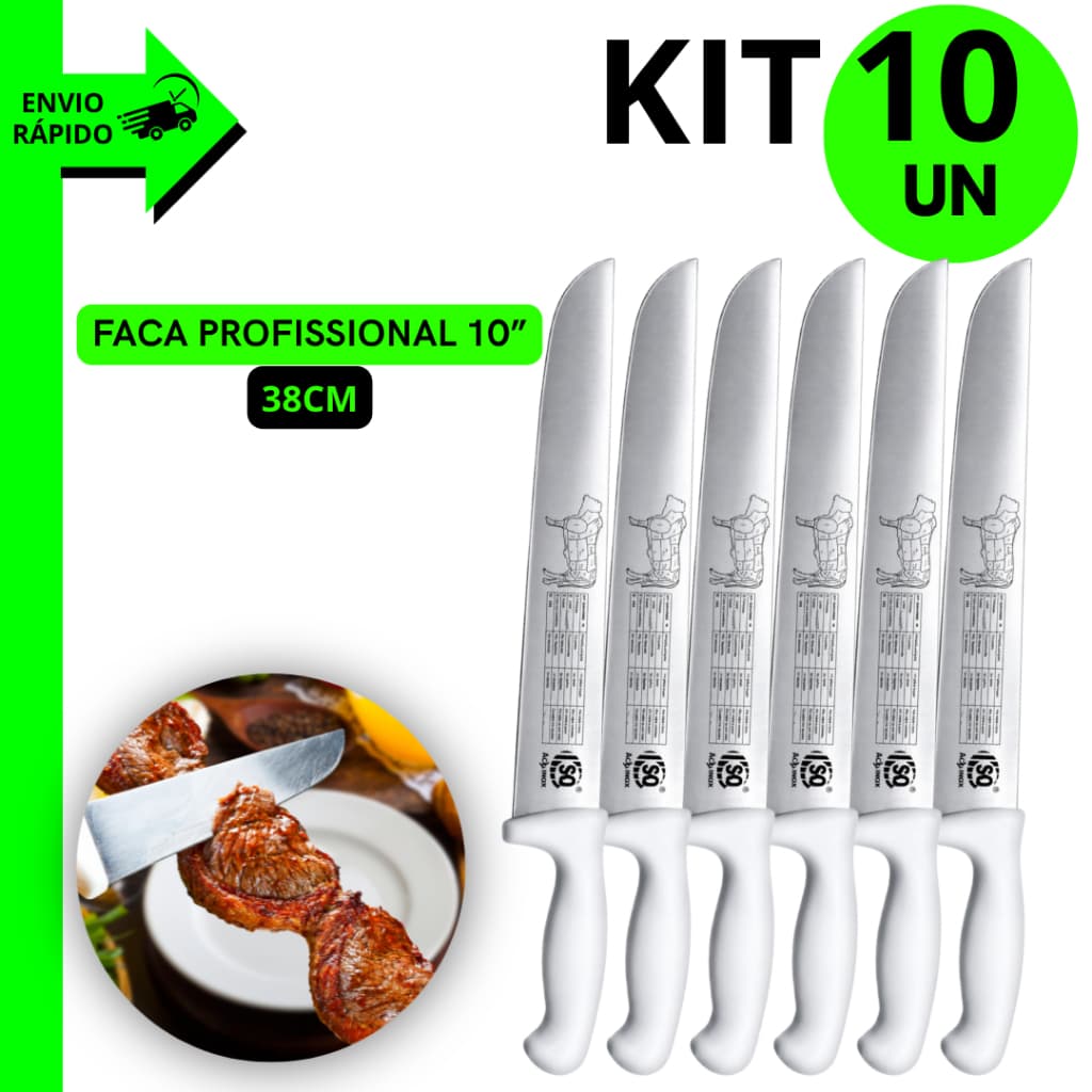 Kit 10/8/7/6 Unidades Faca de Carne Premium 10 Polegadas Aço Inox Cabo Anatômico Branco Resistente
