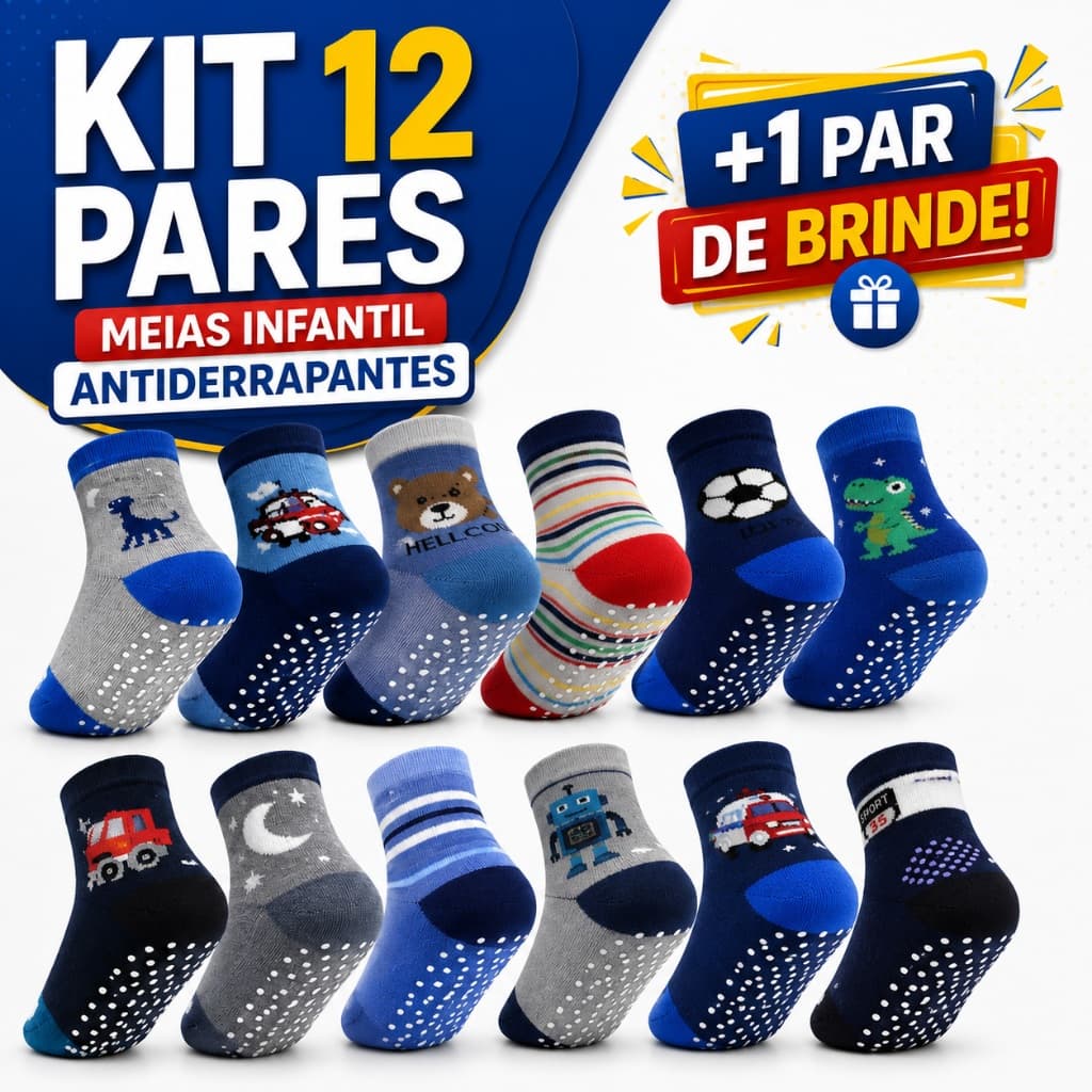 MEIA INFANTIL MENINO BEBE CRIANÇA 12 PARES ANTIDERRAPANTE
