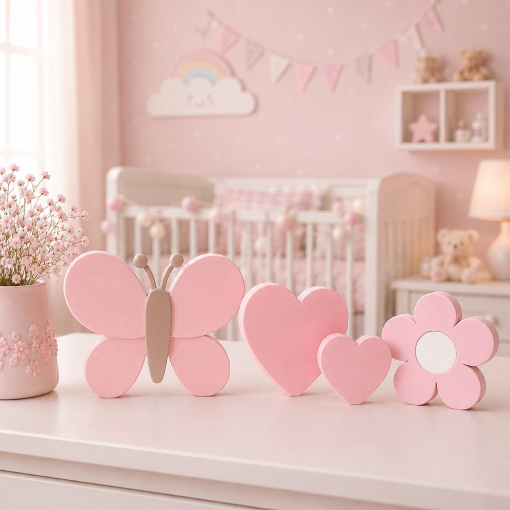 Kit Decorativo Infantil Borboleta Coração e Flor para Quarto de Bebê