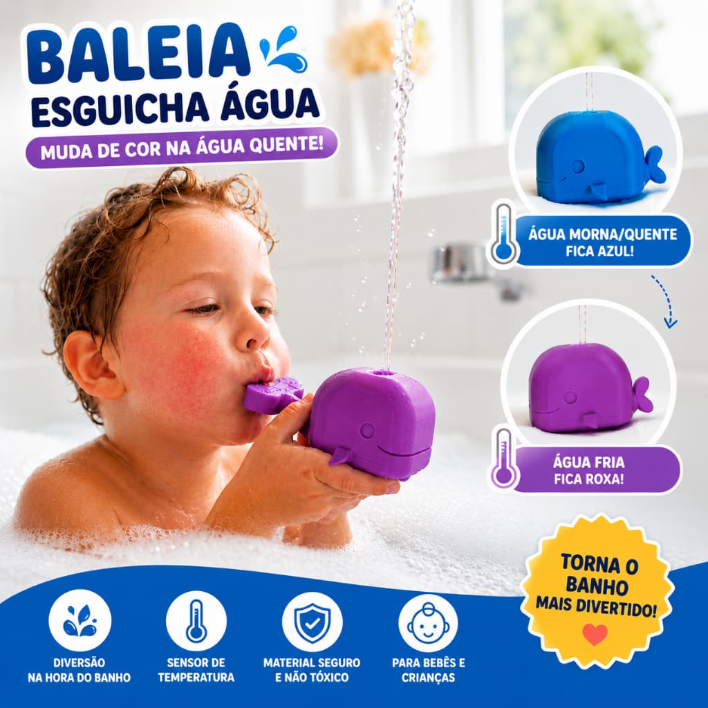 Brinquedo de Banho Baleia Espirra Água Muda de Cor na Água Quente Infantil Bebê Banheira