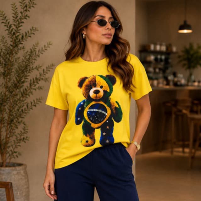 Camiseta Amarela Feminina Urso bandeira  Brasil Oversized Fashion Premium Casual Inverno Tendência