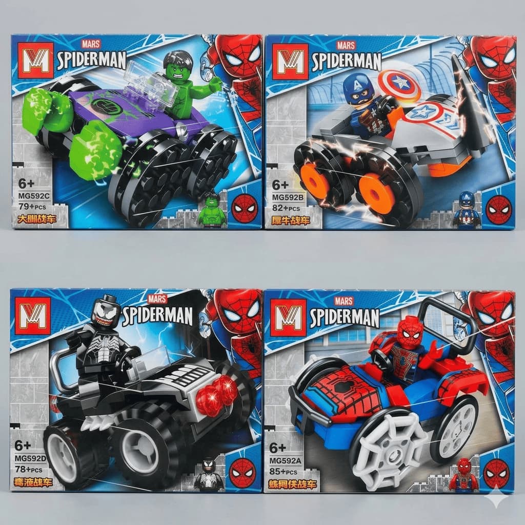 kit 4 carrinhos blocos montar homem aranha hulk GI venom capitão brinquedo infantil Super Herois