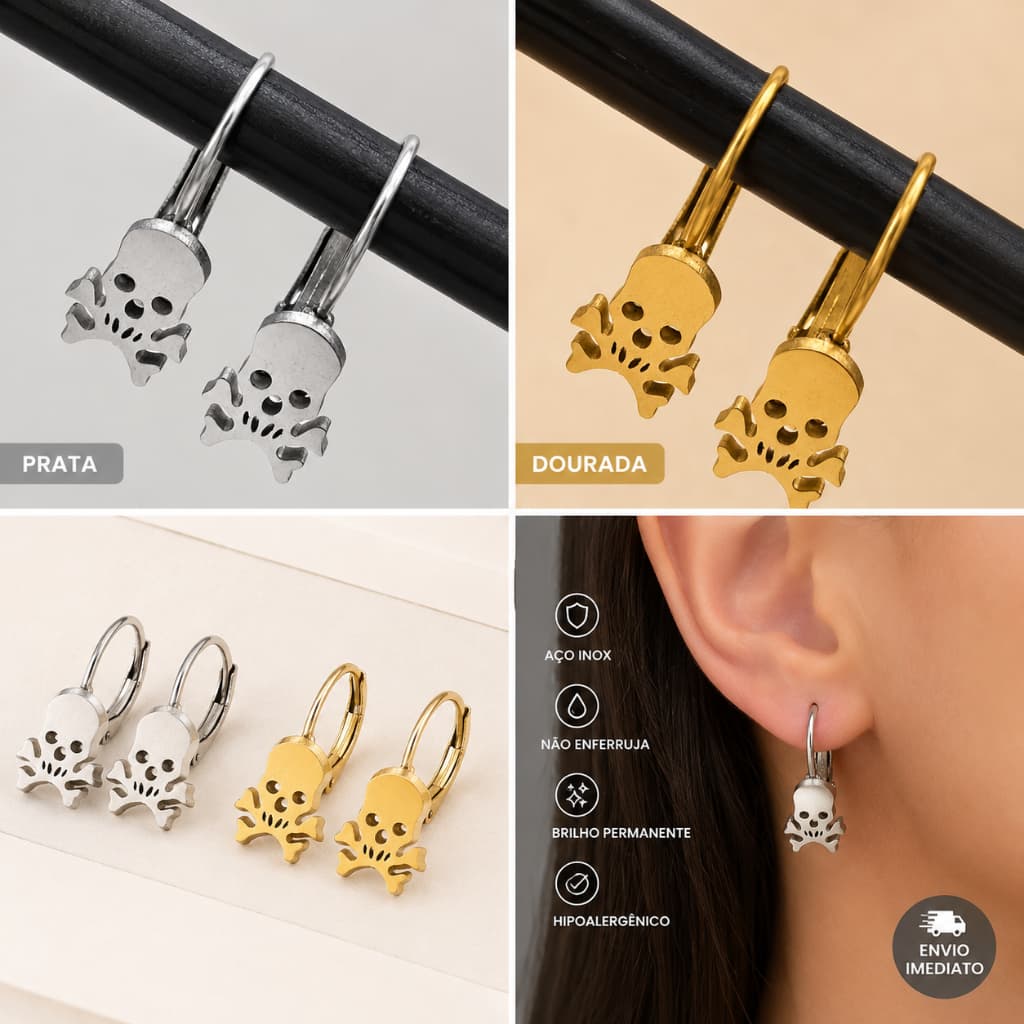 ✨ BRINCO CAVEIRINHA EM AÇO INOX – DOURADO E PRATA ✨