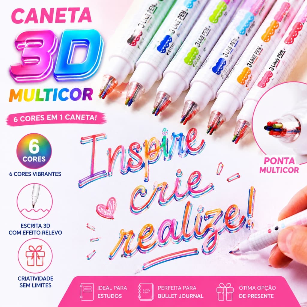 Duas Linhas Caneta 6 Peças conjunto 3D Visual 3 Line com magica e tintas diferentes