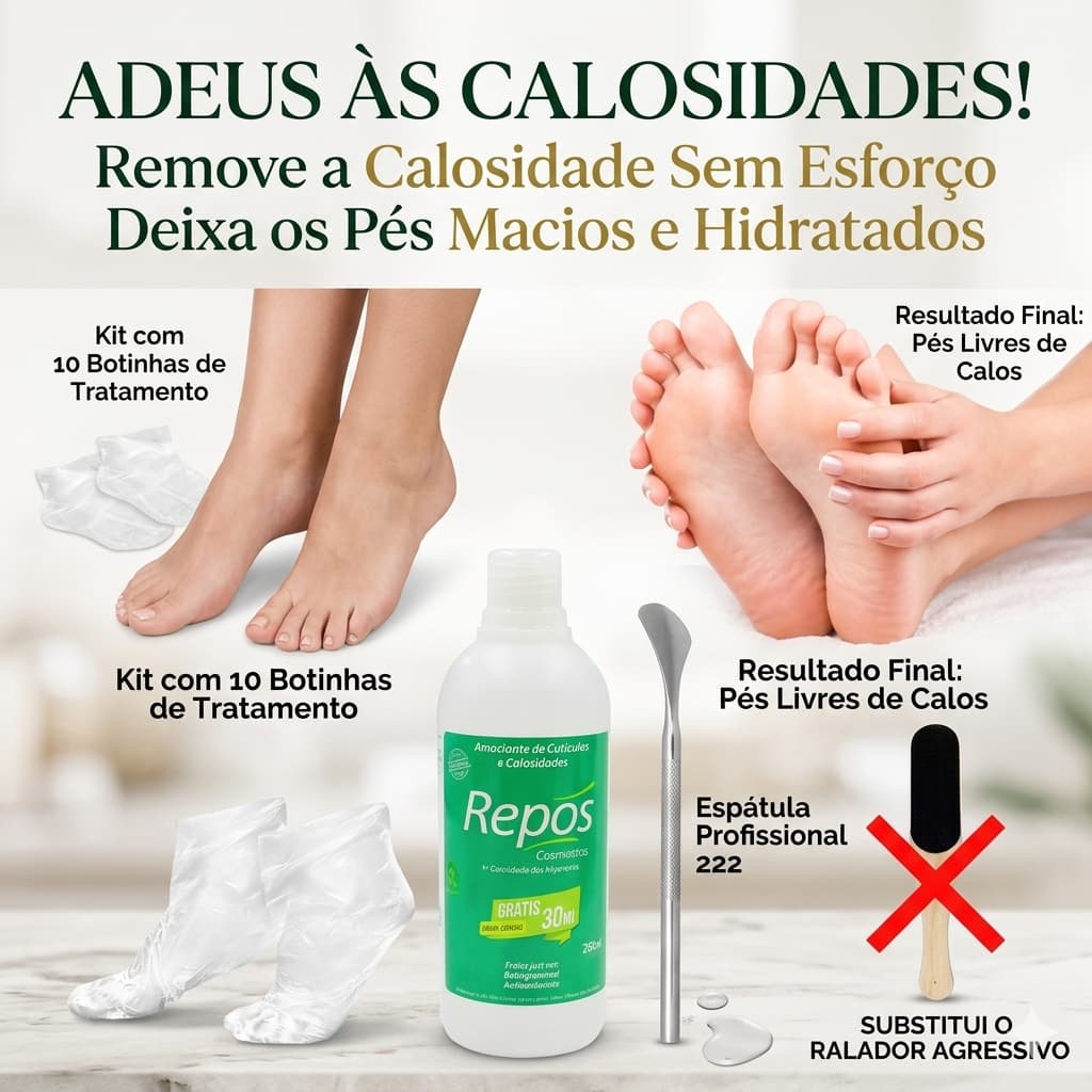 🦶 Kit Spa dos Pés – FIM dos Calos 🦶 Pés Lisinhos e Macios Como de Bebê! Repos 150 ml+Espátula 222+ 1O Botinhas