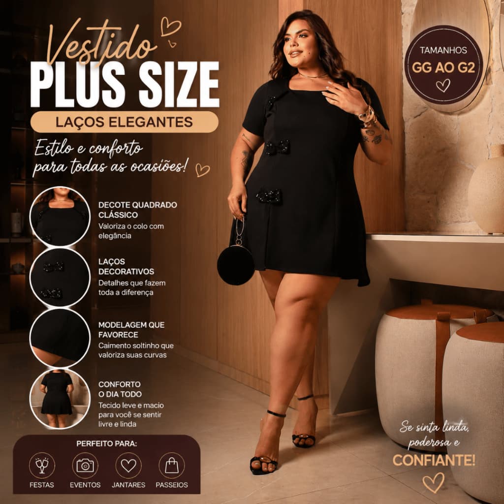Vestido Feminino Plus Size com Laços Decorativos Manga Curta Soltinho Elegante Casual Festa