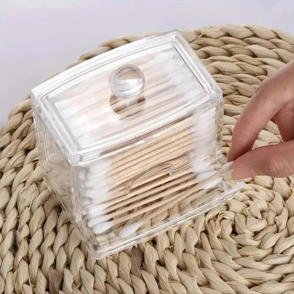 Dispenser Porta Cotonete Acrílico Tampa Transparente Algodão Hastes Organizador Banheiro Higiene Luxo