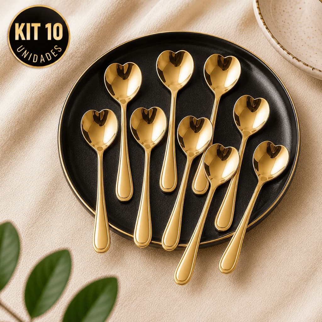Kit 10 Colheres de Café Coração Douradas Aço Inox para Chá Sobremesa Cantinho do Café Elegancia