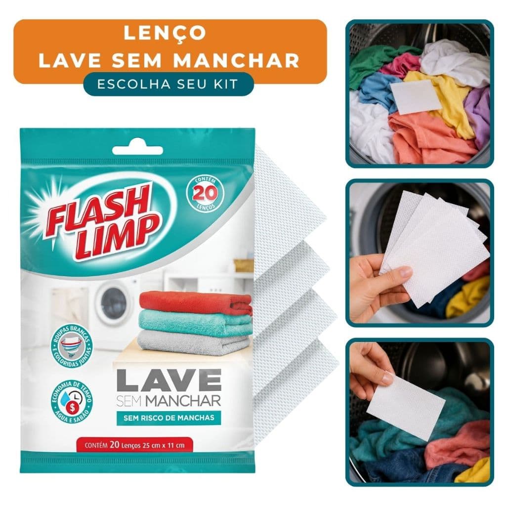 Lenço Lave Sem Manchar Flash Limp Lavar Roupa Branca e Colorida Economia