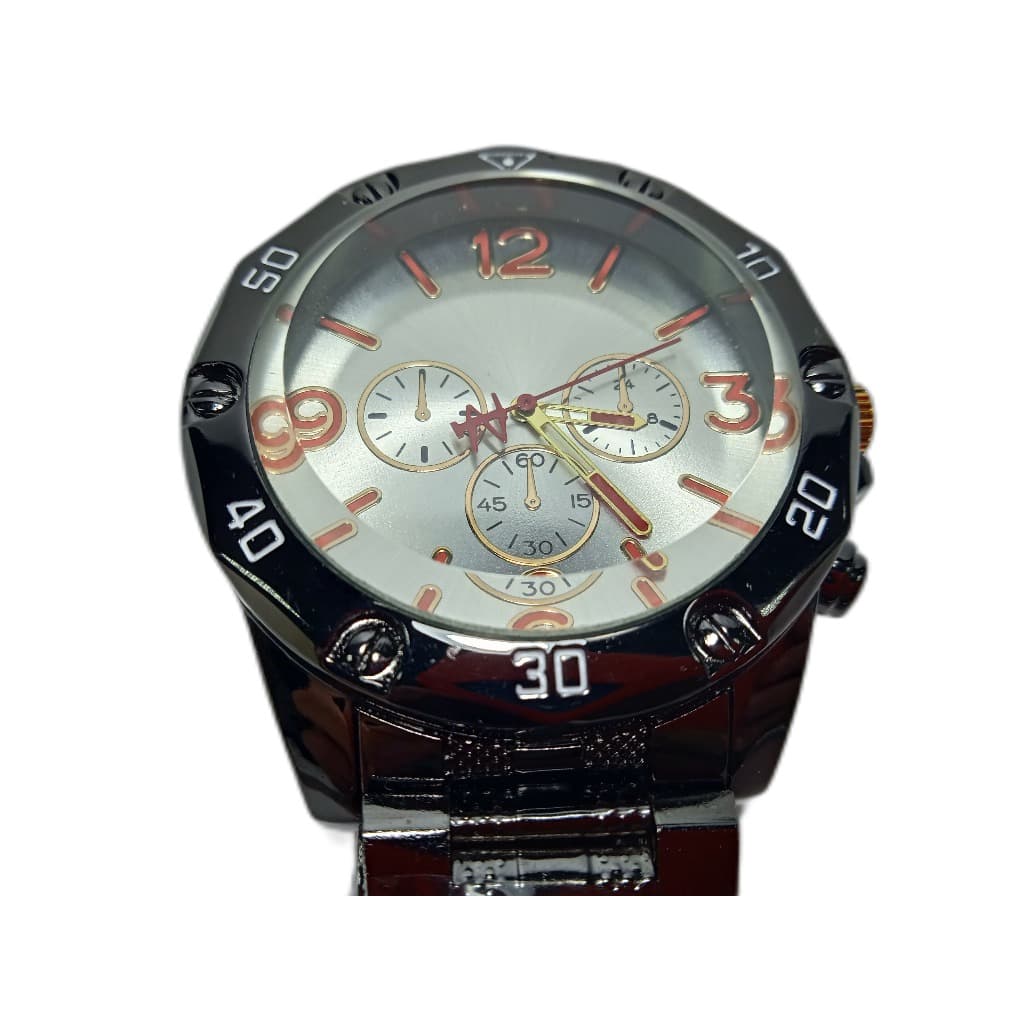 Relógio Branco Com Pulseira De Aço marron com 3 marcadores Ponteiro vermelho Estiloso e Charmoso
