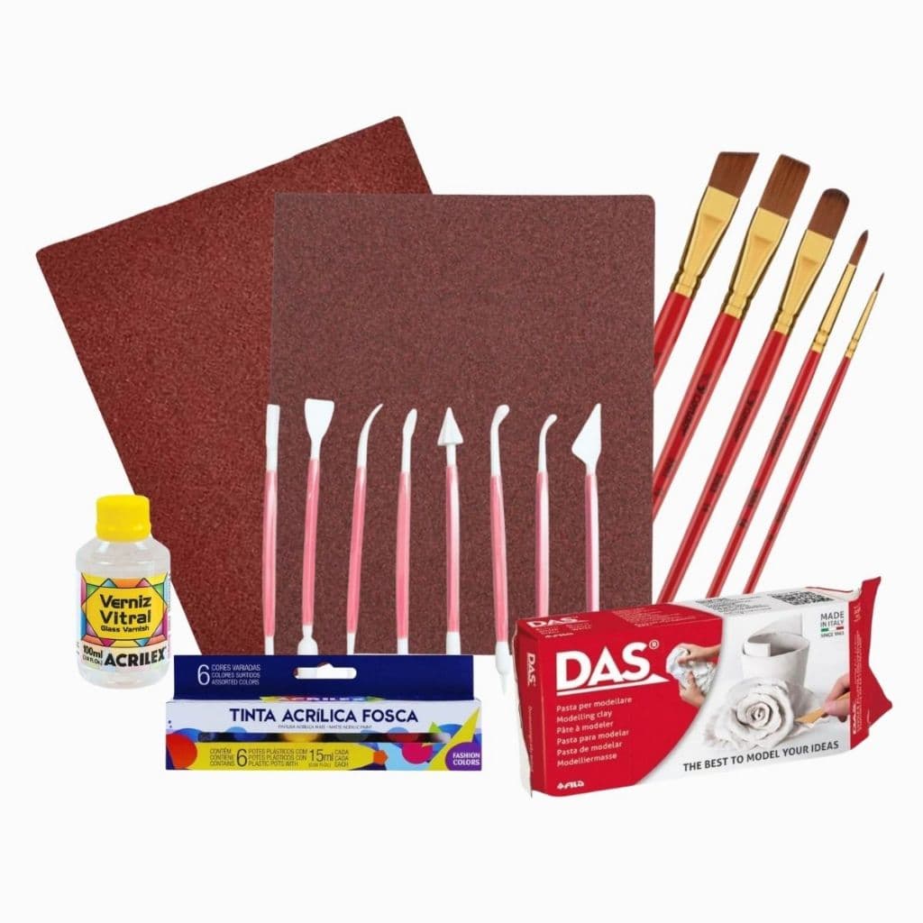 Massa Das para modelar Cerâmica Fria 1kg Lixas Kit Pincel Tinta Acrílica Verniz G Esteca Color