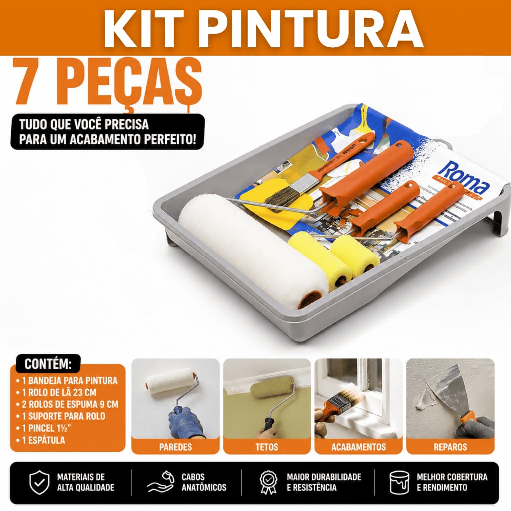 Kit pintura 7 itens Roma -rolo de lâ pincel espatula bandeja de pintura