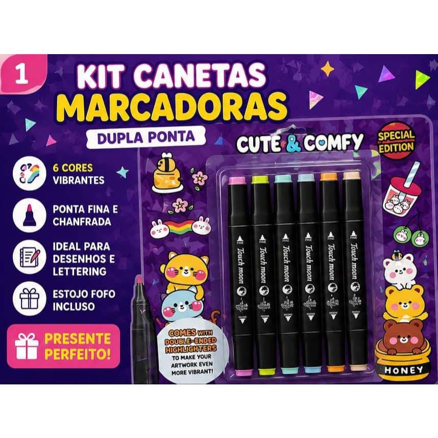 Kit Cute & Comfy 7 em 1 – Livro de Colorir ROXO + 6 Canetas Coloridas | Atividade Criativa e Relaxante