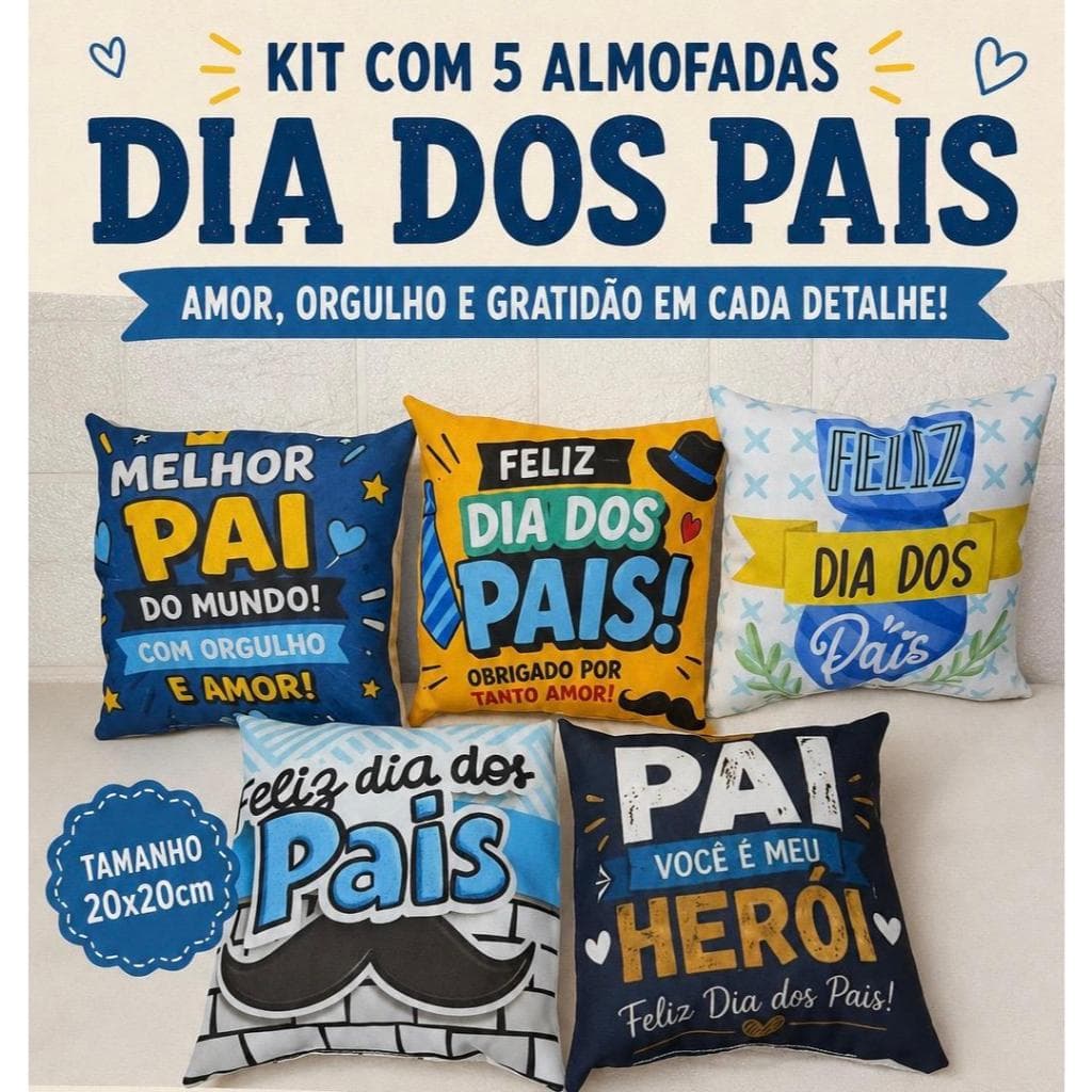 Kit com 5 mini almofadas decorativas  para cesta Dia dos Pais - 20 x 20 cm