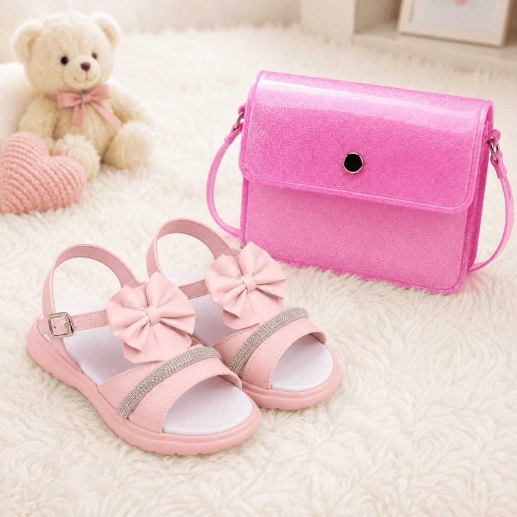 Kit Sandália Infantil Menina Com Laço Strass + Bolsa Glitter Rosa Festa Passeio Confortável