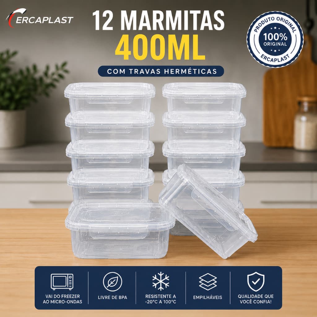 Kit 12 Marmitas Potes 400ml Plástico Com Travas Hermético