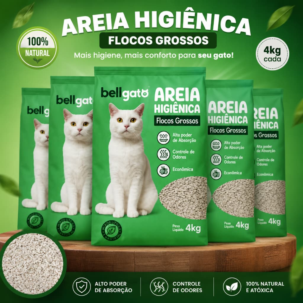 Areia Sanitária Para Gatos Bellgato 20kg Anti Odor Flocos Grossos Alta Absorção