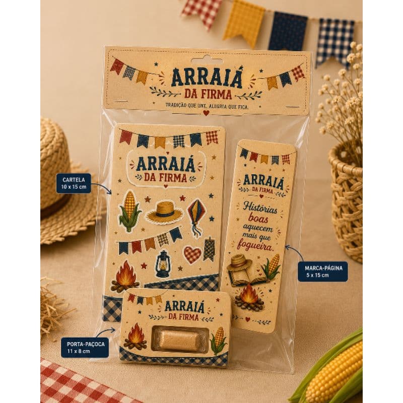 Kit Festa Junina Lembrancinha Completa Cartela Adesivos Paçoca e Marcador
