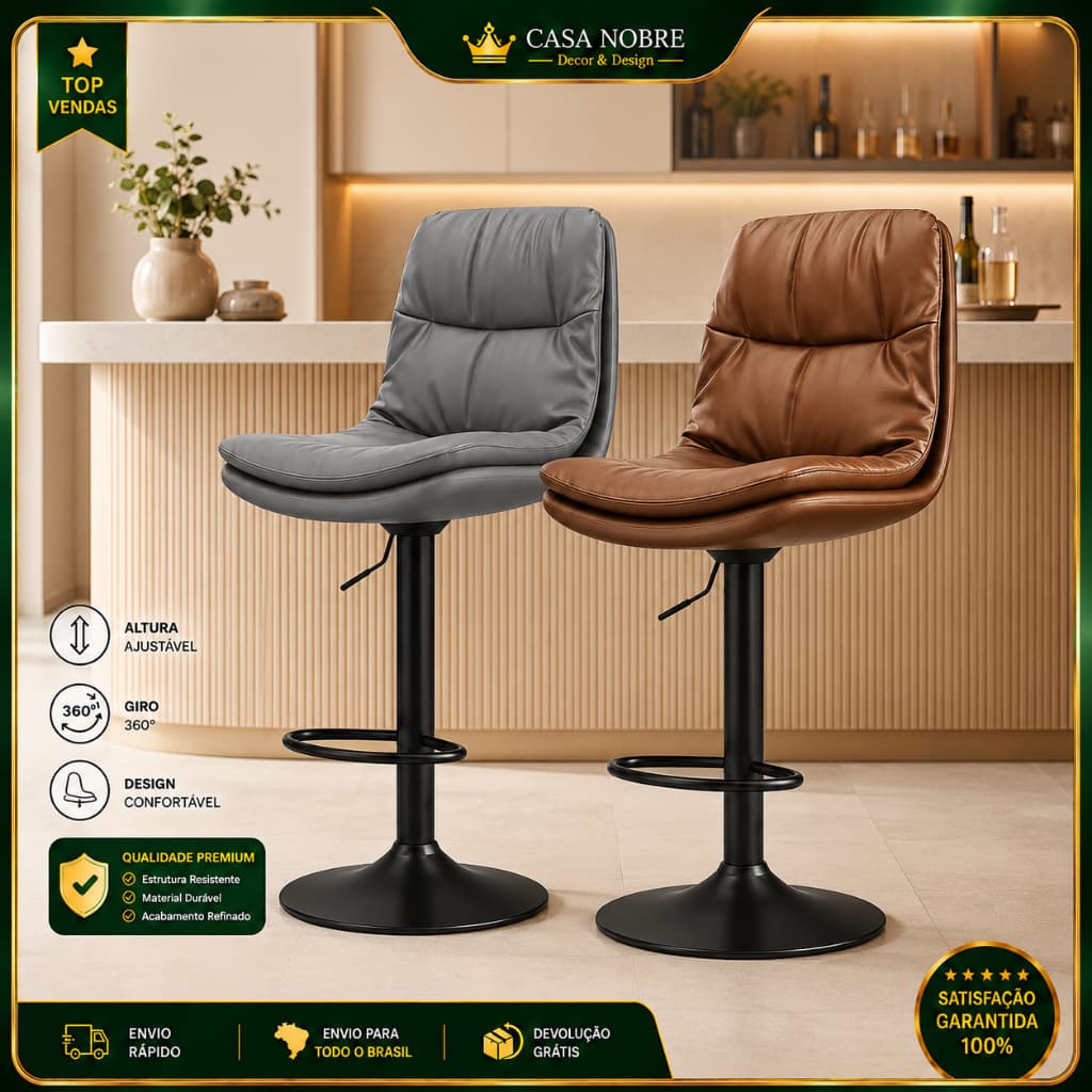 Banqueta de Bar Estofada Giratória com Regulagem de Altura - Ideal para Cozinha Americana, Balcão