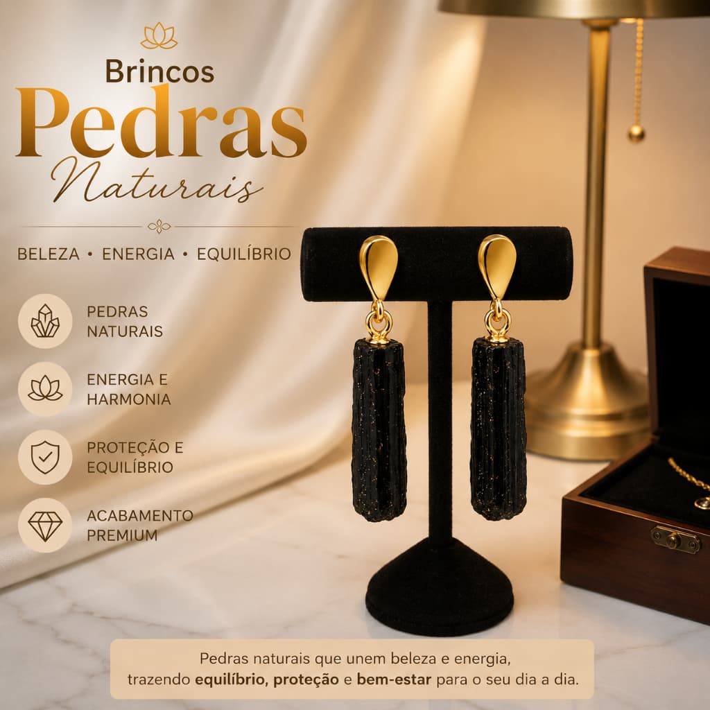 Brinco Turmalina Negra Bruta Natural Banhado Ouro Feminino Proteção Energia Pedra Natural