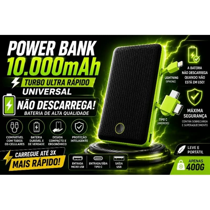 Carregador Power Bank 10000mah Universal Rápido e Portátil turbo p/ Celulares