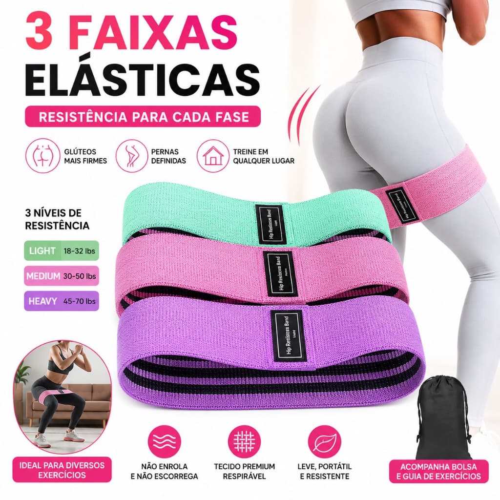 Kit 3 Faixas Elásticas De Resistência Hip Band Para Glúteos E Pernas Mini Band Fitness Academia Treino Agachamento