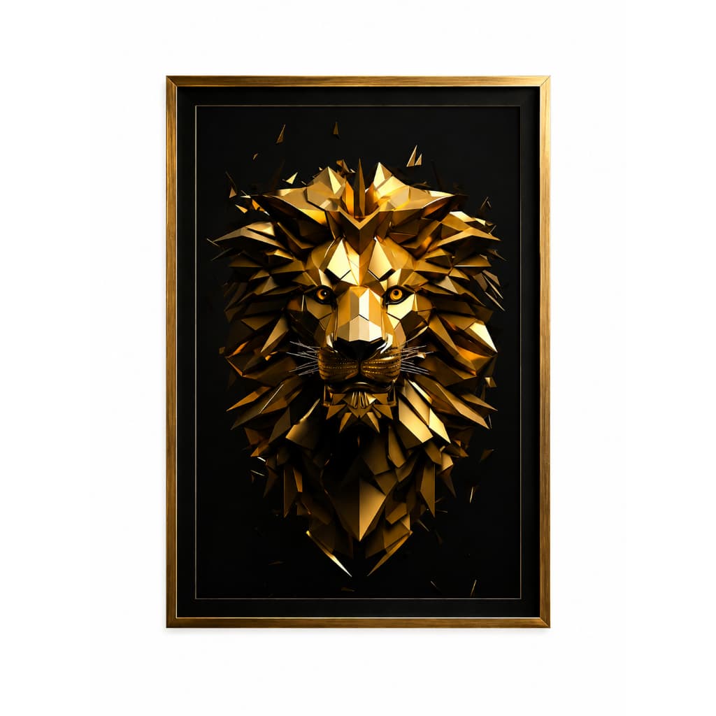 Quadro Decorativo Leão Dourado Moderno para Sala Escritório Quarto Decoração Luxo Moldurado