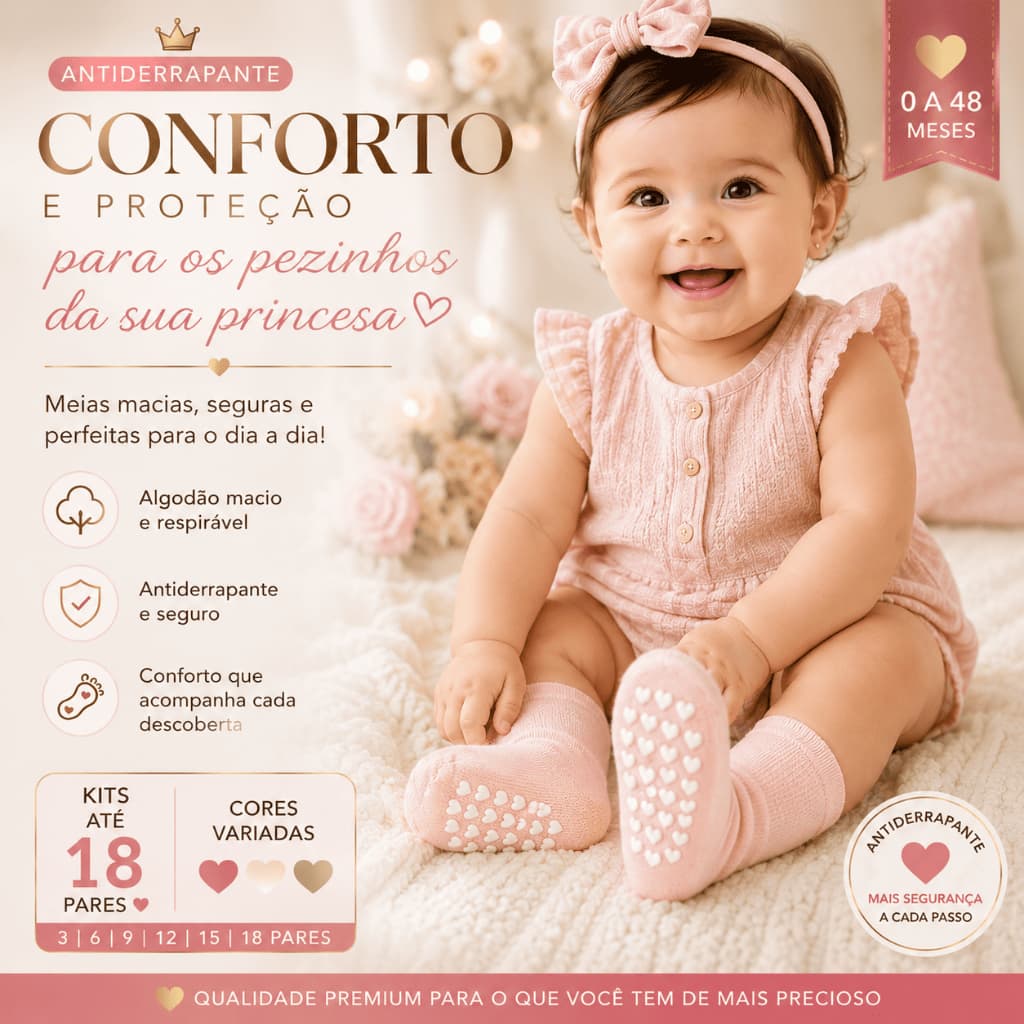 Kit até 18 Pares Meias Bebê Menina Antiderrapantes Algodão Confortáveis 0–24 Meses Recém Nascido