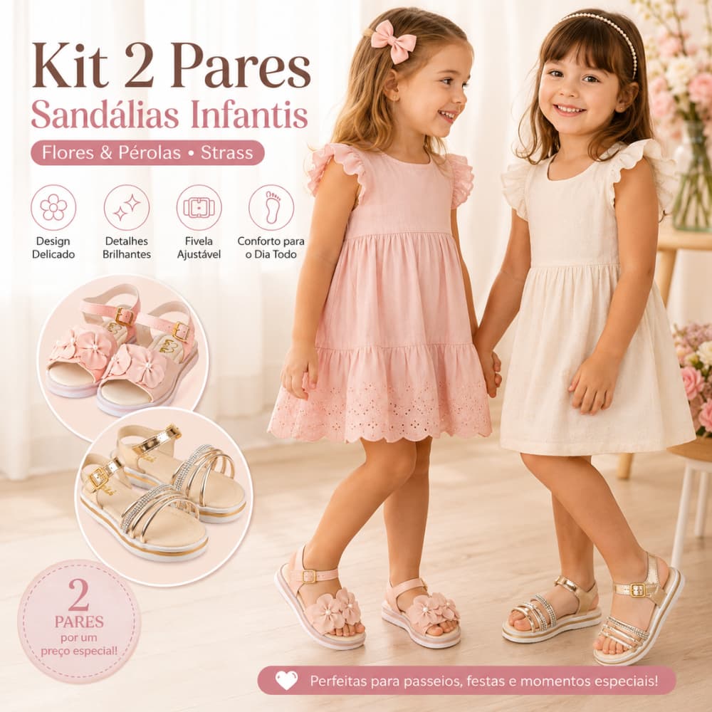 Kit 2 Pares de Sandália Infantil Menina com Flores e Pérolas e com Strass Confortável Delicada Fivela Passeio