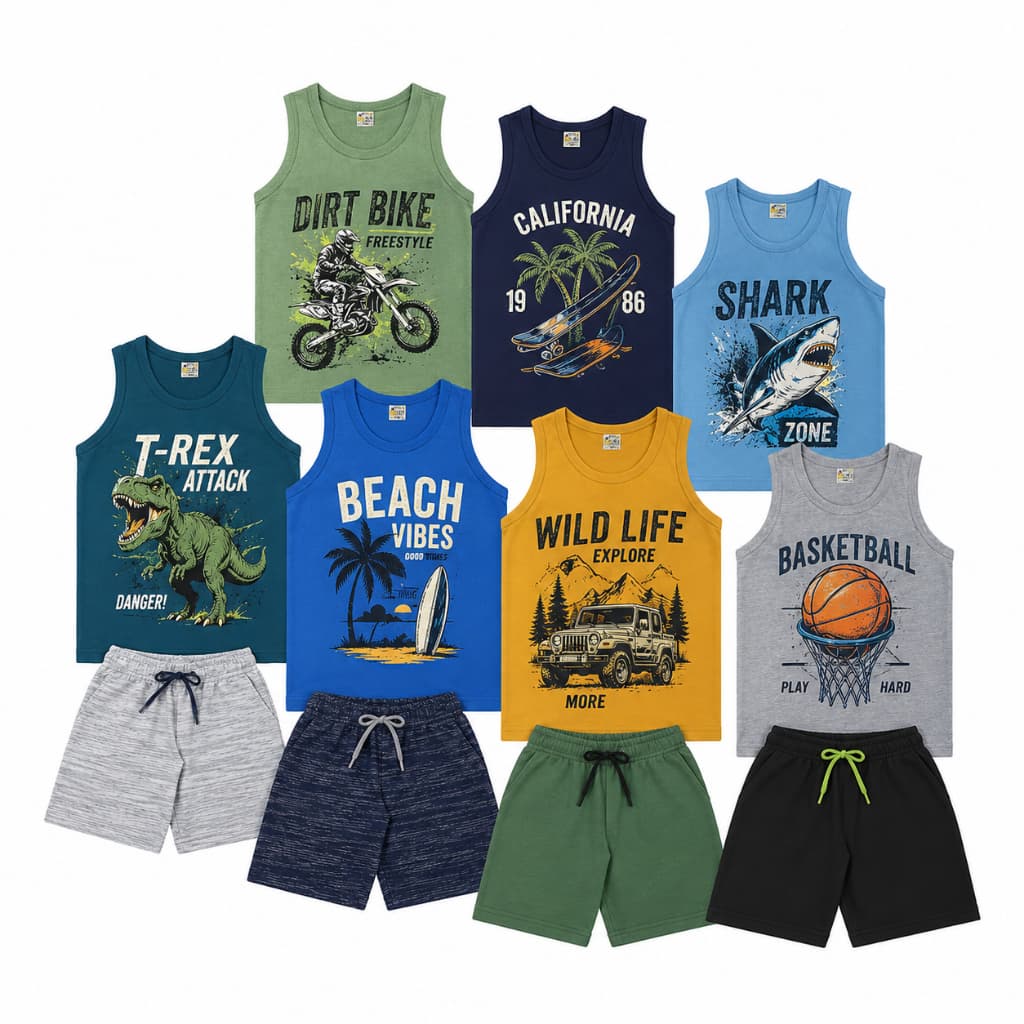 Kit 12 Peças Roupa Conjunto Coleção Masculino Regatas + Bermudas Menino Infantil Verão ou 6 Peças
