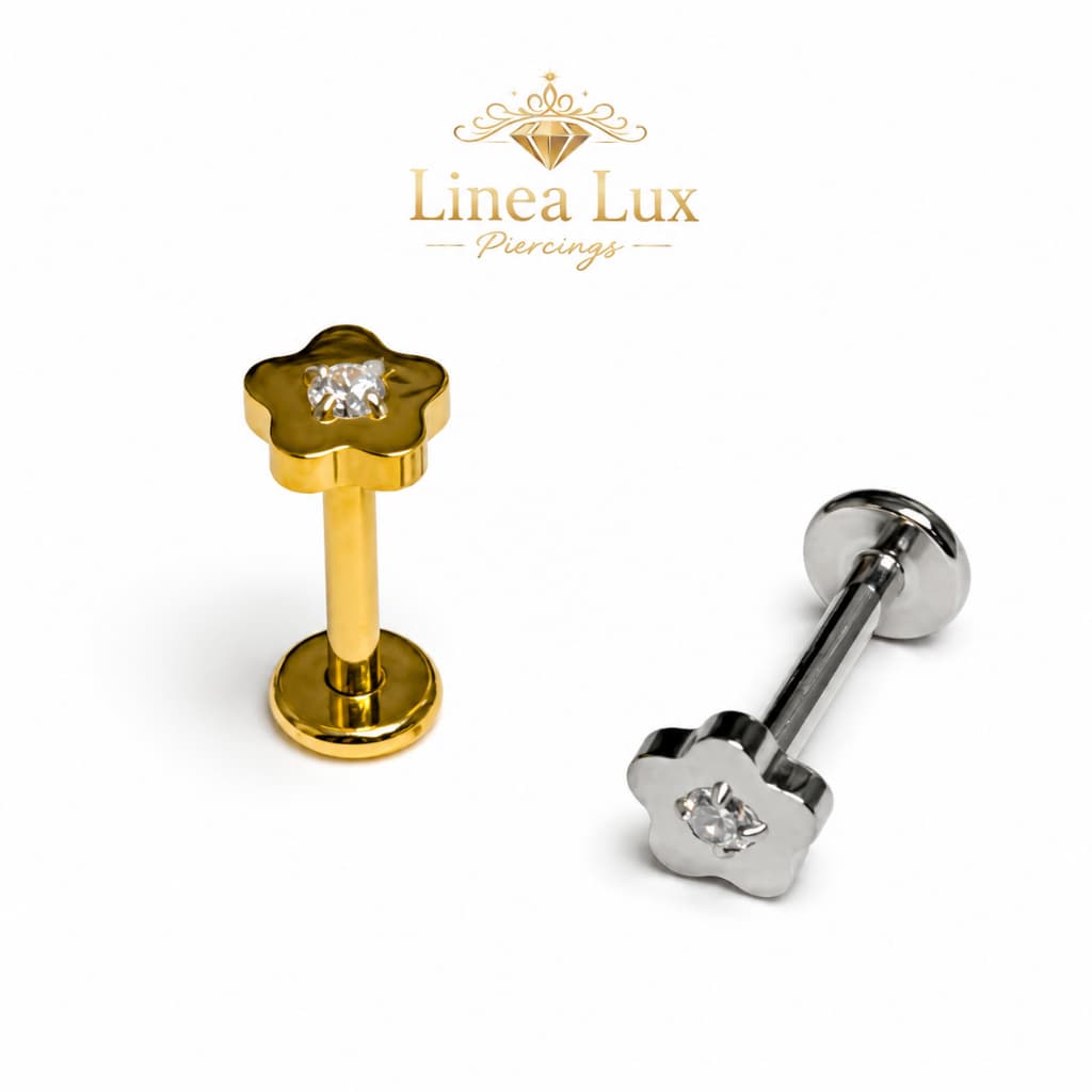 Piercing Labret Flor Prata ou Dourado Titânio Zircônia  Rosca Interna Antialérgico Haste1.2mmx 8mm Premium
