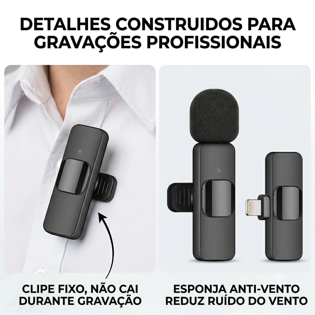 Microfone Sem Fio Plug and Play para Criadores de Conteúdo, Elimina Ruído de Rua para Lives e Entrevistas