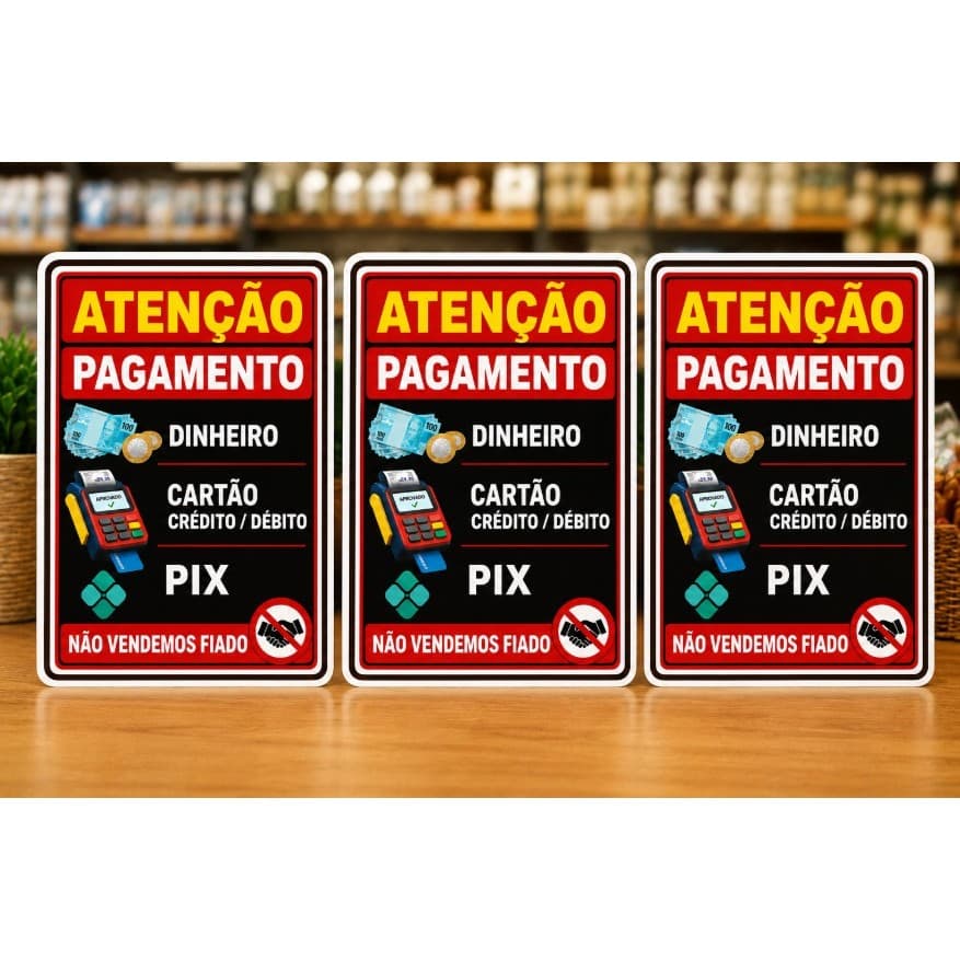 Kit 3 Placas Aceitamos PIX Cartão Débito Crédito Sinalização Comercial Profissional