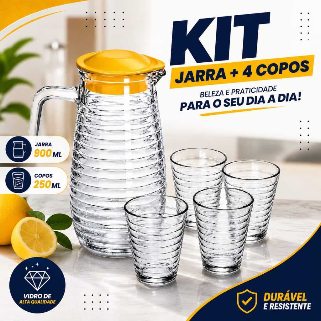 Kit Com 1 Jarra de Vidros 900  Ml Com 4 Copos 25 Ml Leve Charmoso Para Sucos Chas Jarra Vidro + 4  Copos