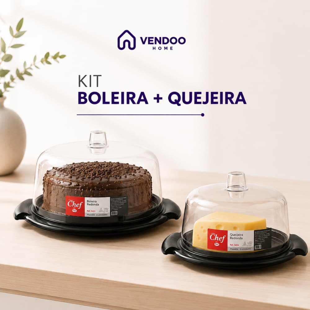Kit Boleira + Queijeira Plástica com Tampa Transparente Porta Bolo Torta Queijo Conserva Alimentos