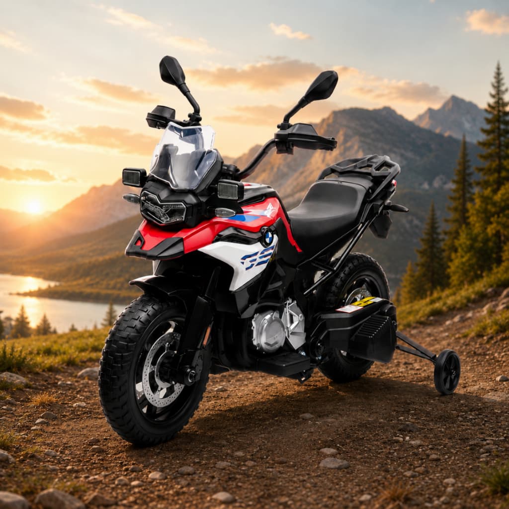 Moto Elétrica Infantil BMW F850GS Vermelha 12V Zippy Toys com Rodinhas Laterais, Som, USB e Buzina