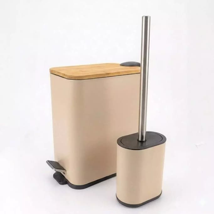 Kit Banheiro Lixeira 5L Retangular Lisa Com Pedal Com Cesto Escova Sanitária Metal