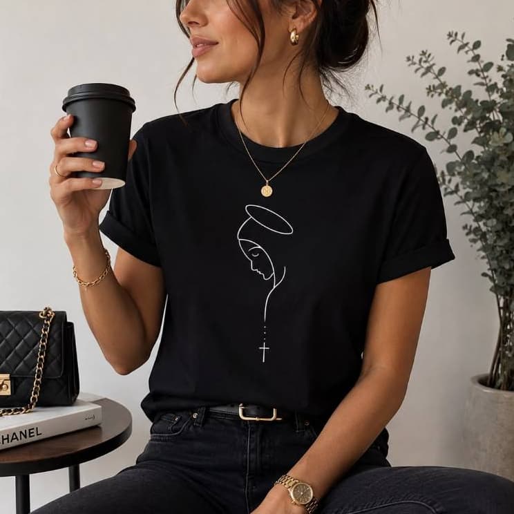 Camiseta Feminina Algodão Cristã Religiosa Virgem Maria