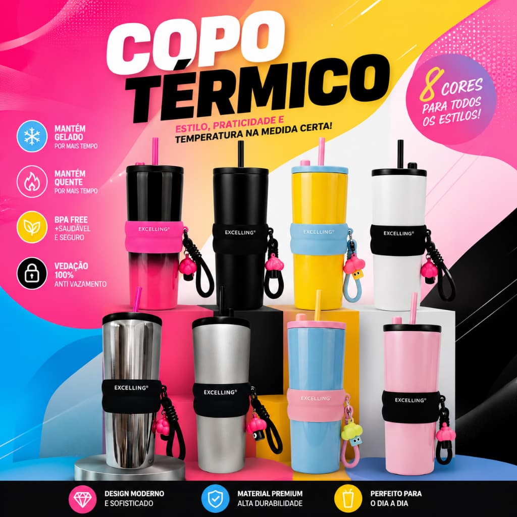 Copo Térmico Inoxidável Caneca Isolada a vácuo com canudo e Chaveiro 700ML EXCELLING -EX-508
