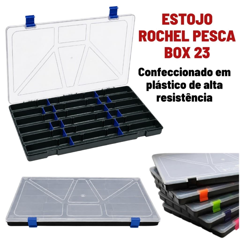Estojo Rochel Pesca Caixa De Iscas Box 23 Preto Tampa Transparente 22 Div e Divisorias e Travas Coloridas