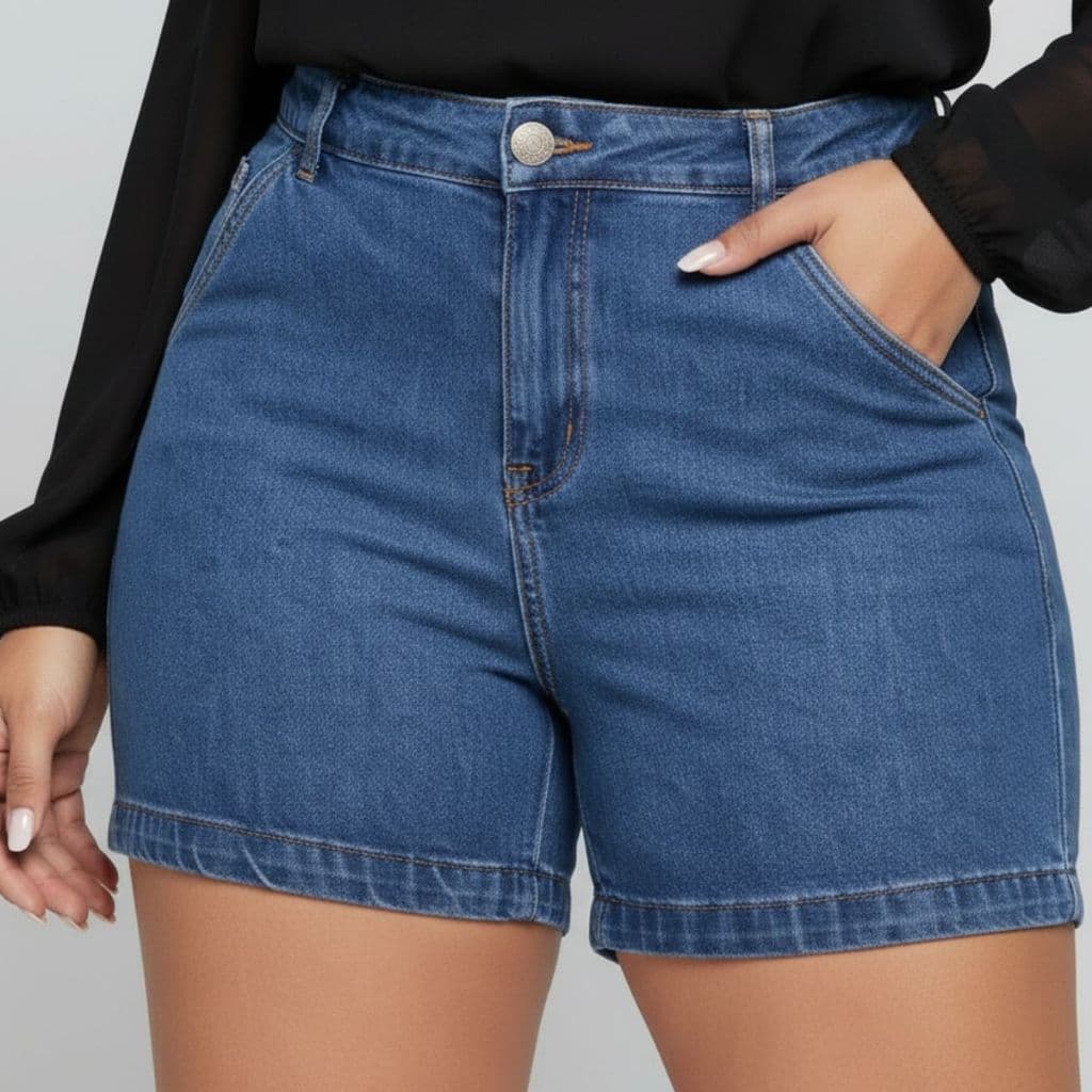 Short Feminino Cintura Alta Jeans Lavagem Média Barra Feita