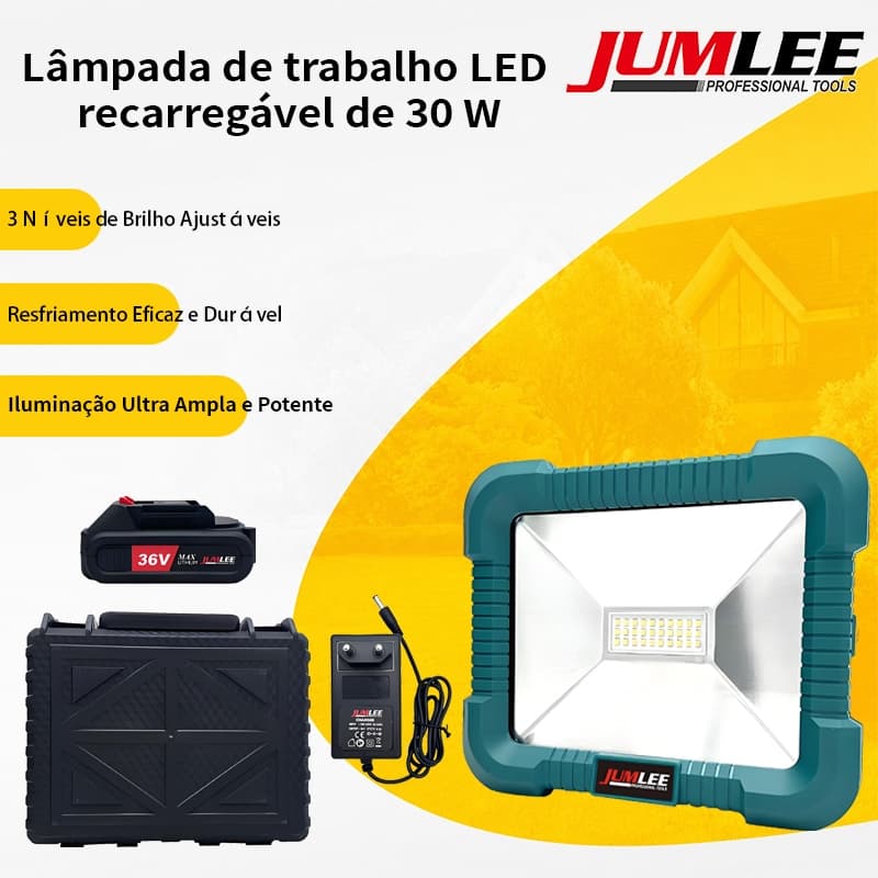 Lâmpada de Trabalho LED Portátil 30W 36V Recarregável, durável e impermeável, para camping, obra e emergências diárias