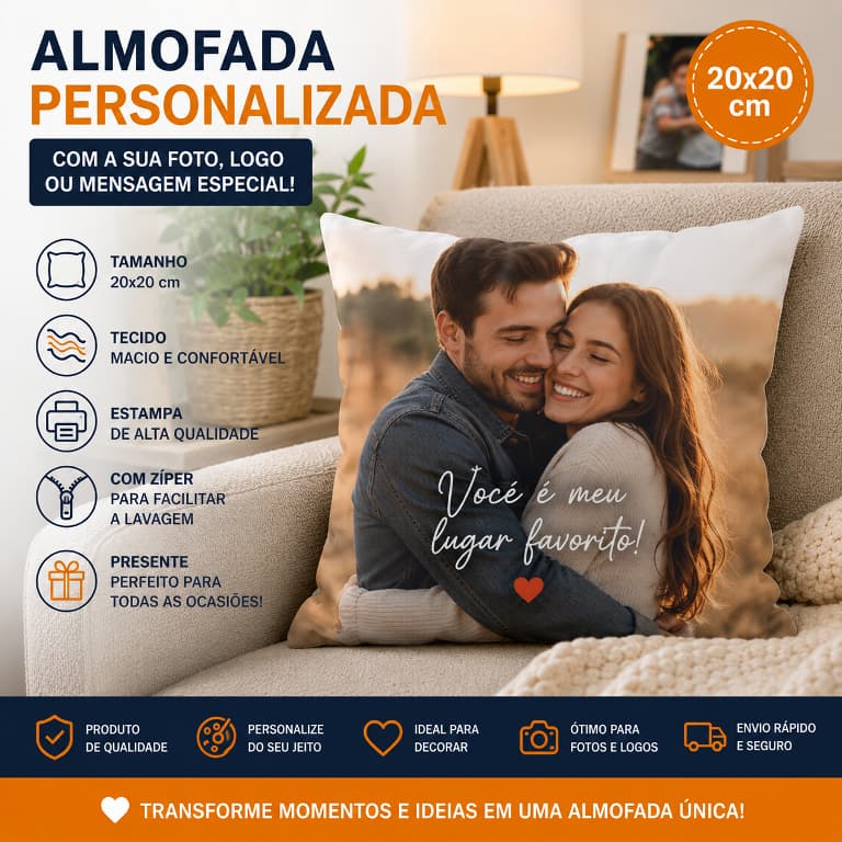 Almofada Personalizada com Foto, Logo ou Arte 20x20cm | Almofada Decorativa Personalizada | Presente Criativo