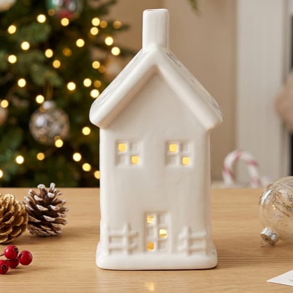 Luminária Casinha de Natal Cerâmica Enfeite Decorativo de Mesa com LED a Pilha Decoração Natalina