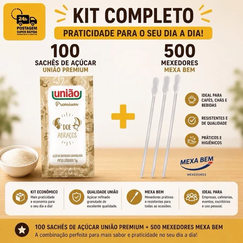 Kit com 100 sachês de açúcar União Premium + 500 mexedores Mexa Bem