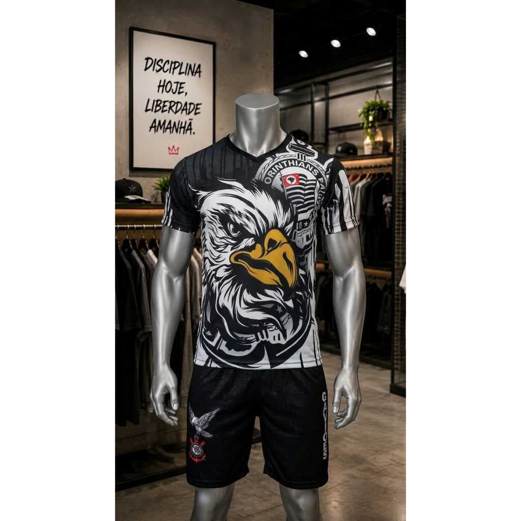 Kit Camiseta e Bermuda Gaviões da Fiel Conjunto Torcida Unissex Casual Futebol