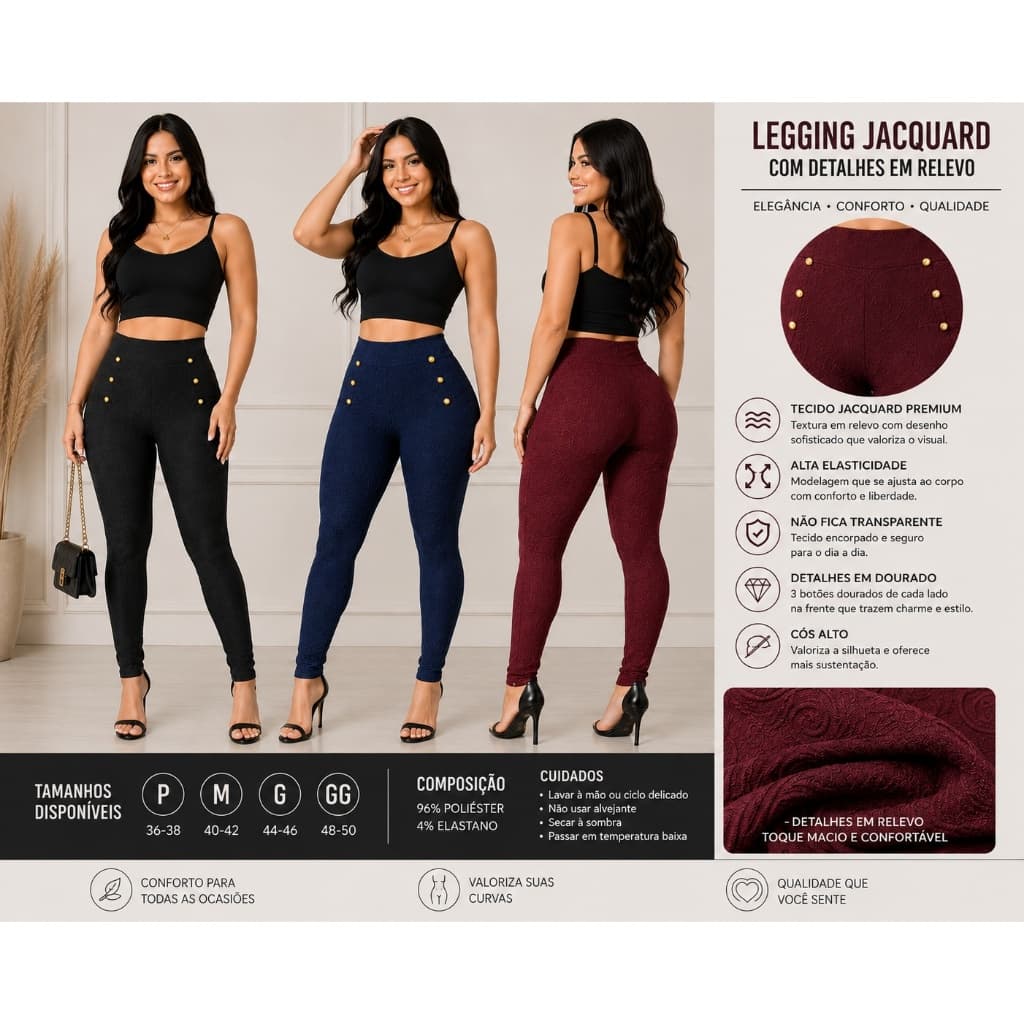 Calça Legging Jacar Com Dois Bolsos Atras
