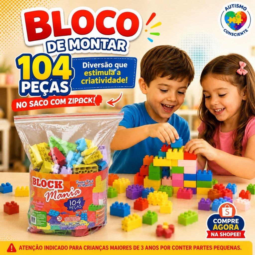 Blocos De Montar 104 Peças No Saco Ziplock - Brinquedo Infantil Educativo Indicado Para Crianças Maiores De 3 Anos