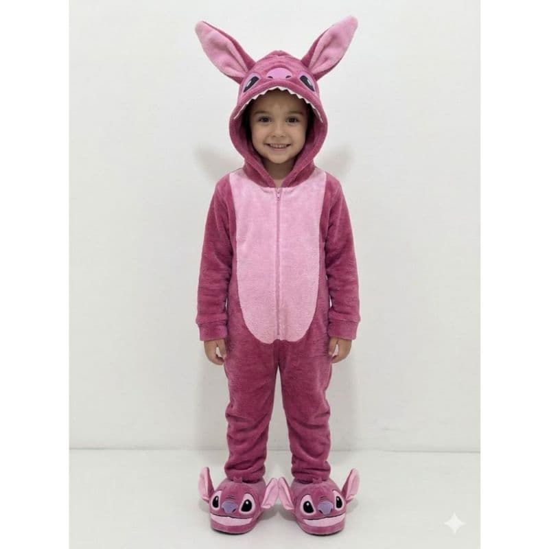 Macacão Infantil Stitch Angel em Soft com Capuz Unissex